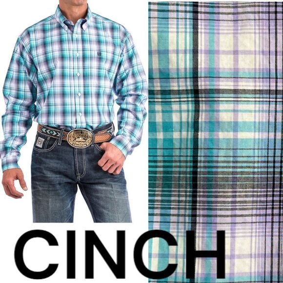 Cinch Men's Plaid Long Sleeve Button Down Western Shirt Turquoise Lilac Size 2XL - Picture 2 of 14